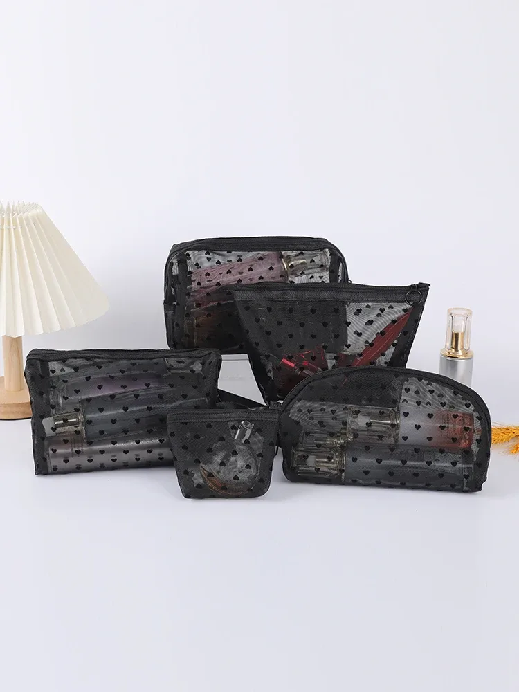 trousse de maquillage en velours de cœur noir en dentelle, sac de rangement transparent pour étudiant, trousse de toilette portable de voyage, trousse de maquillage universelle