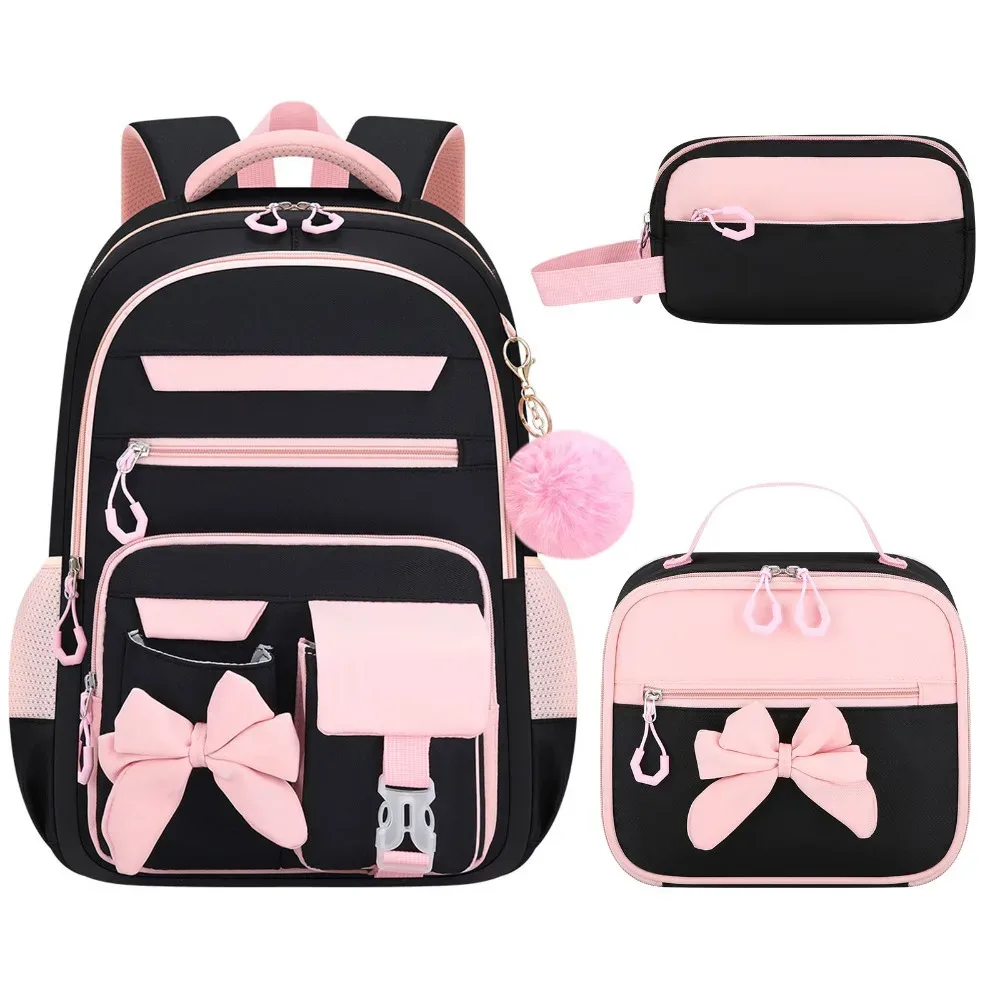 ensemble de 3 sacs à dos, sac à lunch et trousse à crayons en tissu oxford imperméable avec nœud papillon, léger et grande capacité