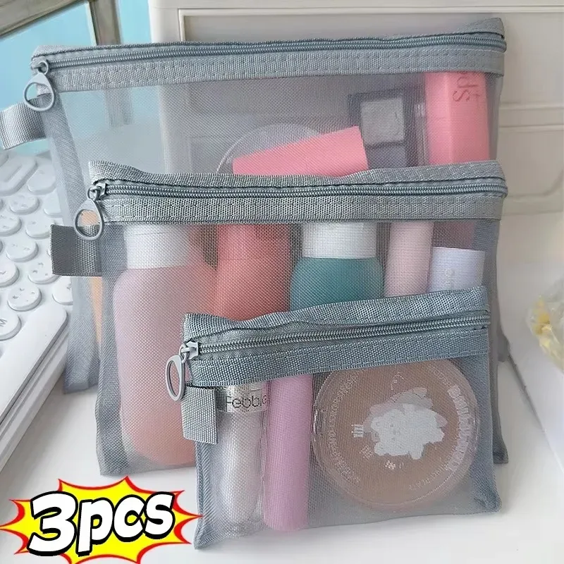 1/3 pièces transparent maille fermeture éclair sac cosmétique femmes nécessaire organisateur mode petits grands gris sacs de toilette maquillage pochette étui