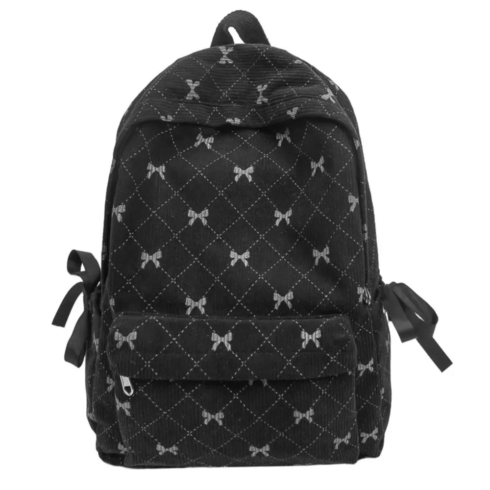 sac à dos en velours côtelé style coréen tendance, grande capacité, bretelles réglables, imprimé nœud, pour étudiants et lycéens