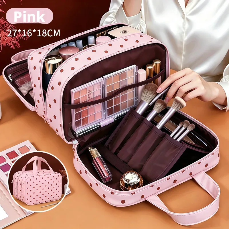 sac de maquillage portable à pois, multifonctionnel, à trois compartiments, en pu, grande capacité, imperméable, sac de rangement de voyage