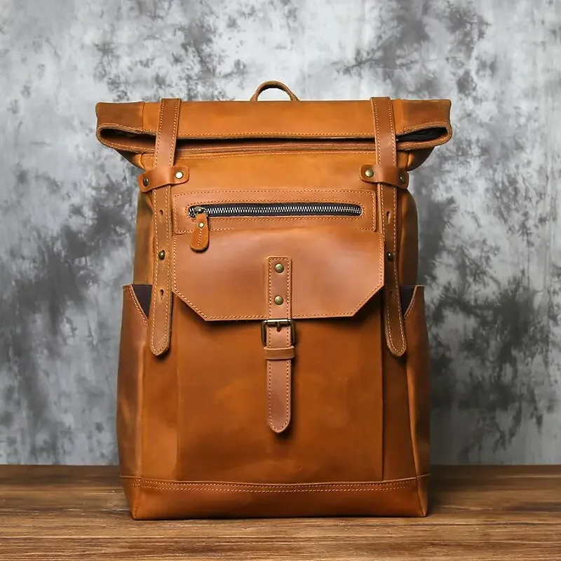 sac à dos vintage en cuir véritable pour homme nzpj, sacoche pour ordinateur en cuir crazy horse, sac à dos de voyage en cuir de vachette pleine fleur naturel