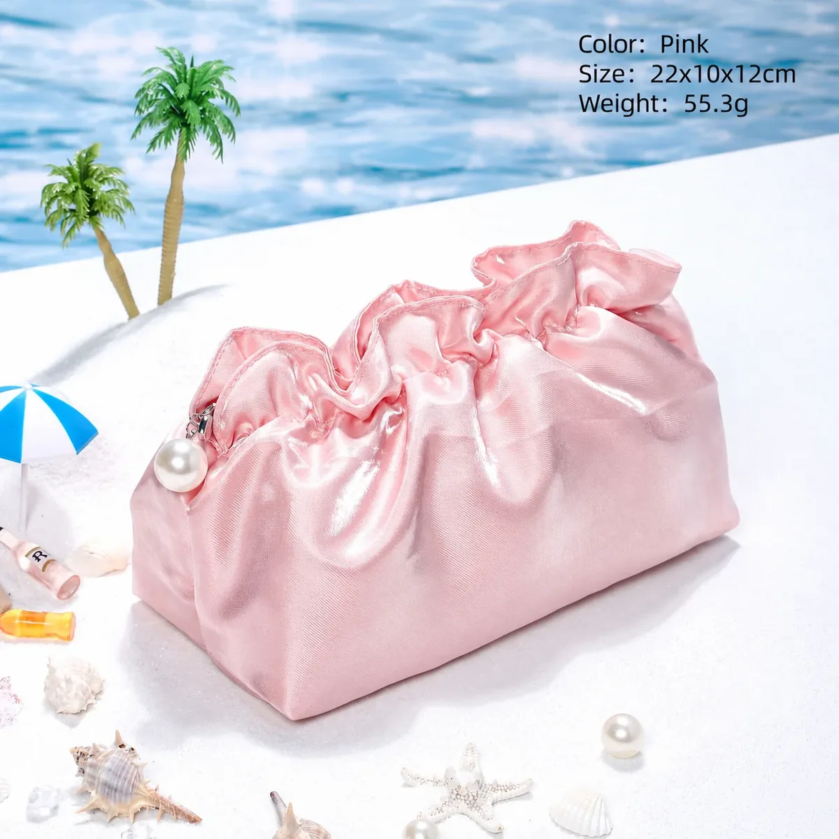 trousse de toilette de voyage pour femme grande capacité en soie satinée, pochette cosmétique plissée effet nuage, sac de maquillage portable, pochette de rangement pour soins de la peau