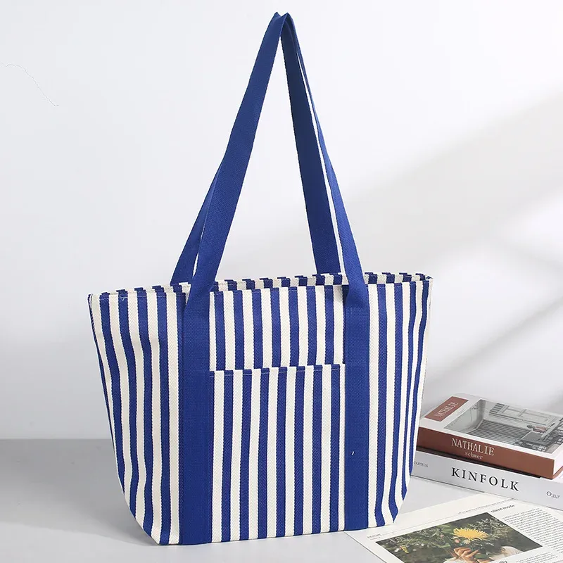 sac fourre-tout en toile rayé personnalisé avec logo imprimé, simple, grande capacité, portable, pour le shopping, avec texte et image diy