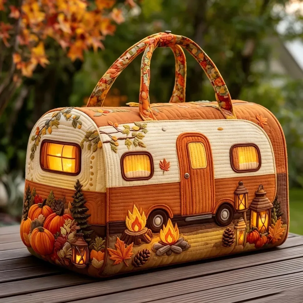 sac à main matelassé vintage de noël pour femme, motif camping-car, broderie 3d neige, citrouille, pin, lanterne, grande capacité, sac de voyage