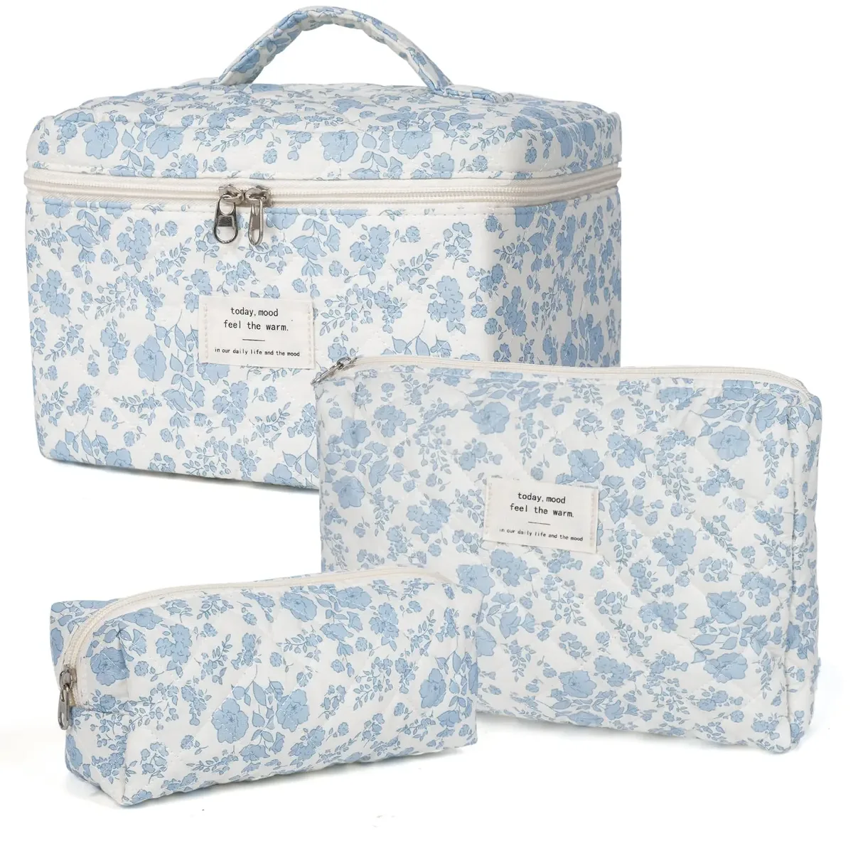 trousse de maquillage matelassurera en coton pour femme, trousse de toilette portable pour fille, sac à main à fermeture éclair pour femme, trousse cosmétique, évaluation, gril, 3 pièces