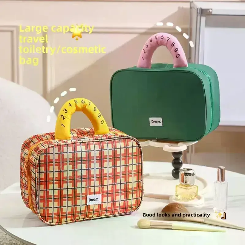 trousse de maquillage pliable de haute valeur esthétique avec crochet, sac de rangement de voyage de grande capacité, trousse de toilette portable pour voyage