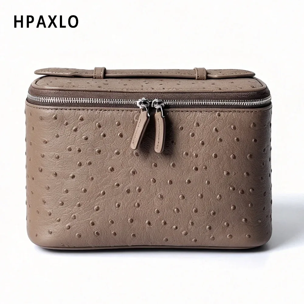 sac de toilette pour femme en cuir véritable à motif d'autruche, sac de voyage carré tendance, organiseur de cosmétiques, grand sac à cosmétiques, sac à main, neuf