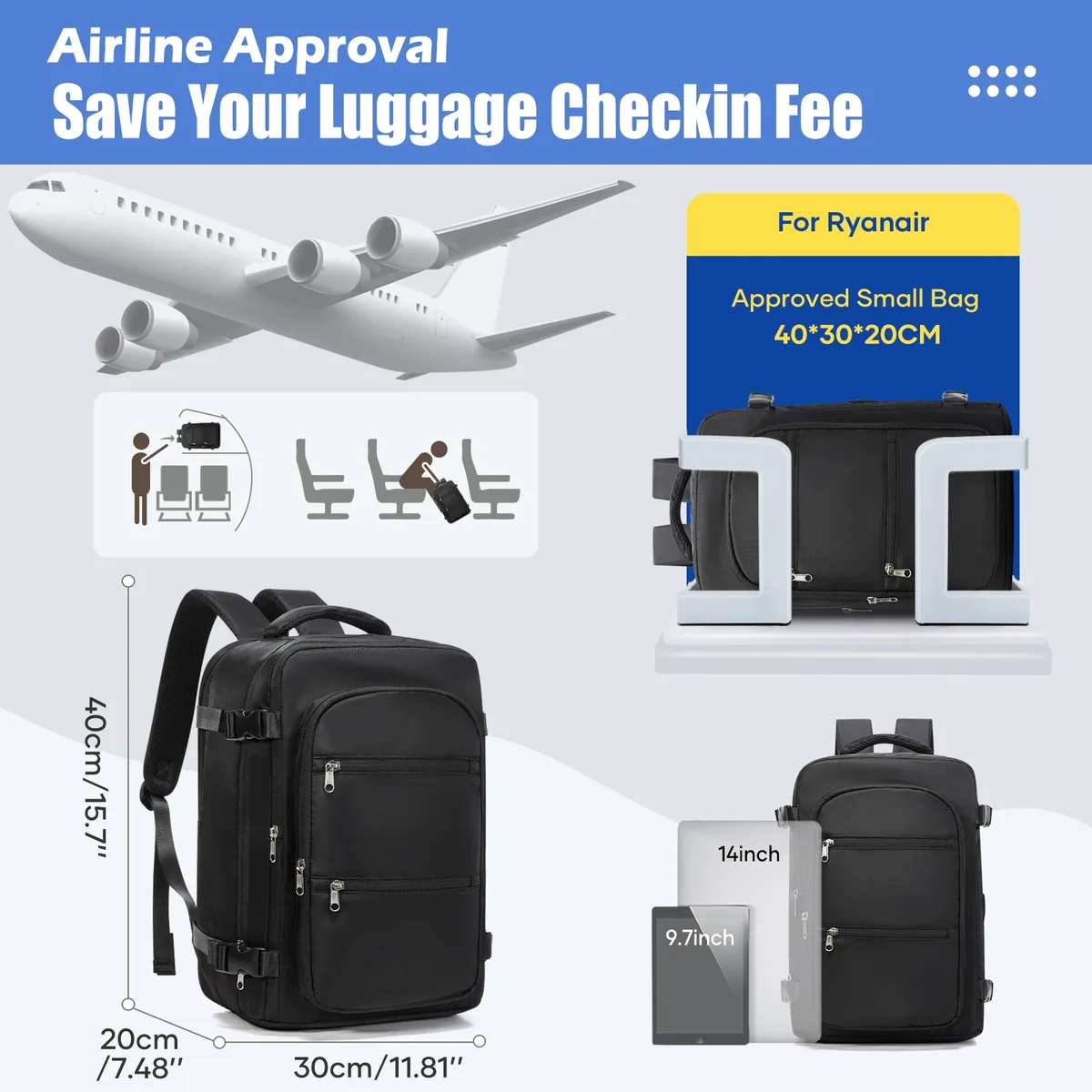 avion wizzair 40x30x20 sac à dos air sous vide compression sac à dos hommes sac à dos voyage cabine valise, bagages à main sacs pour ordinateur portable