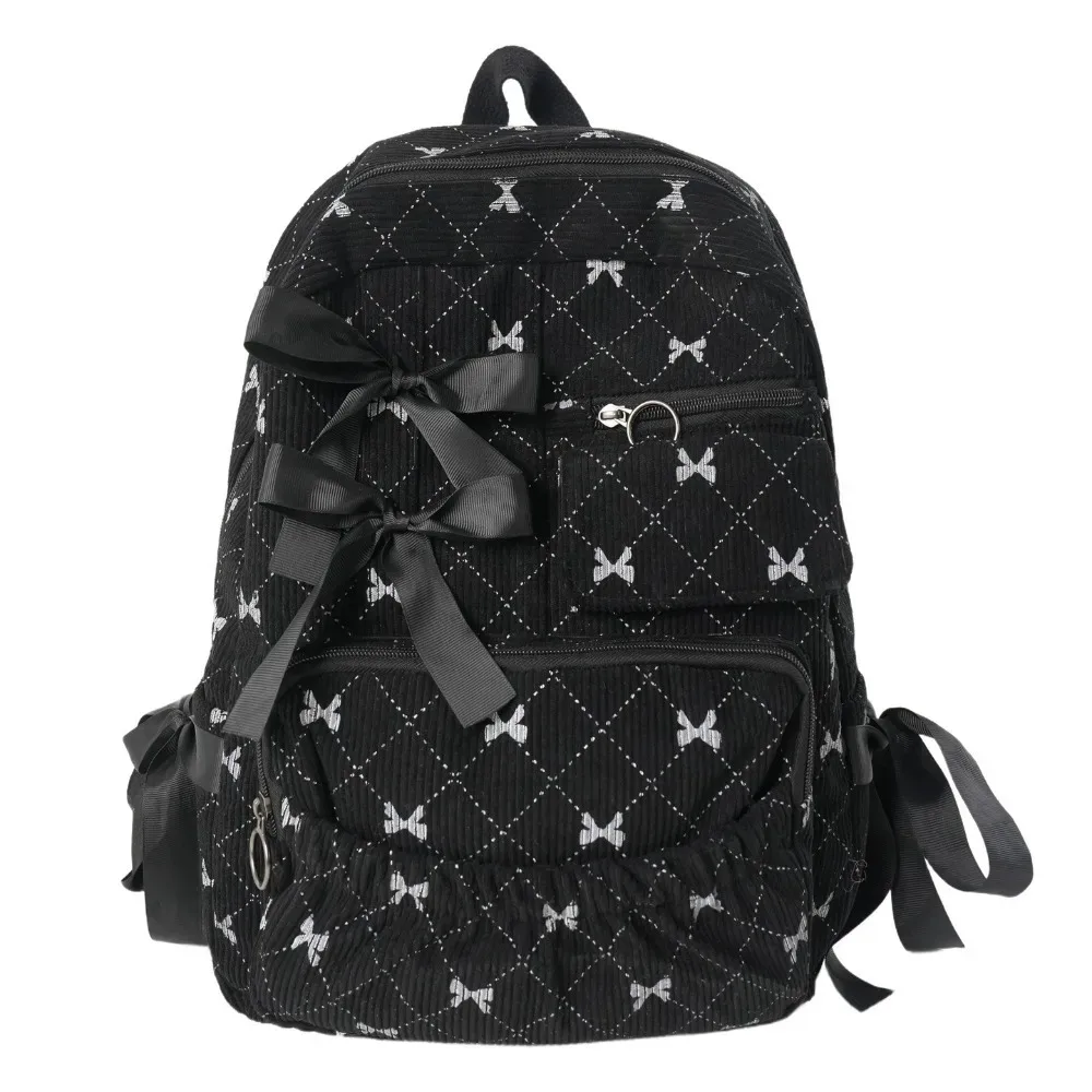 sac à dos scolaire en velours côtelé à nœud, style ins, imprimé nœud, polyvalent, grande capacité, pour étudiants et femmes