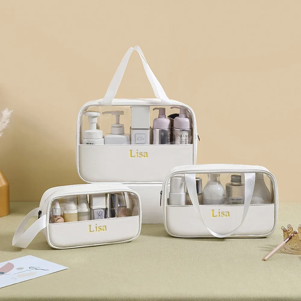 nom personnalisable nouveau sac de lavage de maquillage transparent en tpu sac de rangement en pu étanche de grande capacité pour femmes sac de maquillage en pvc