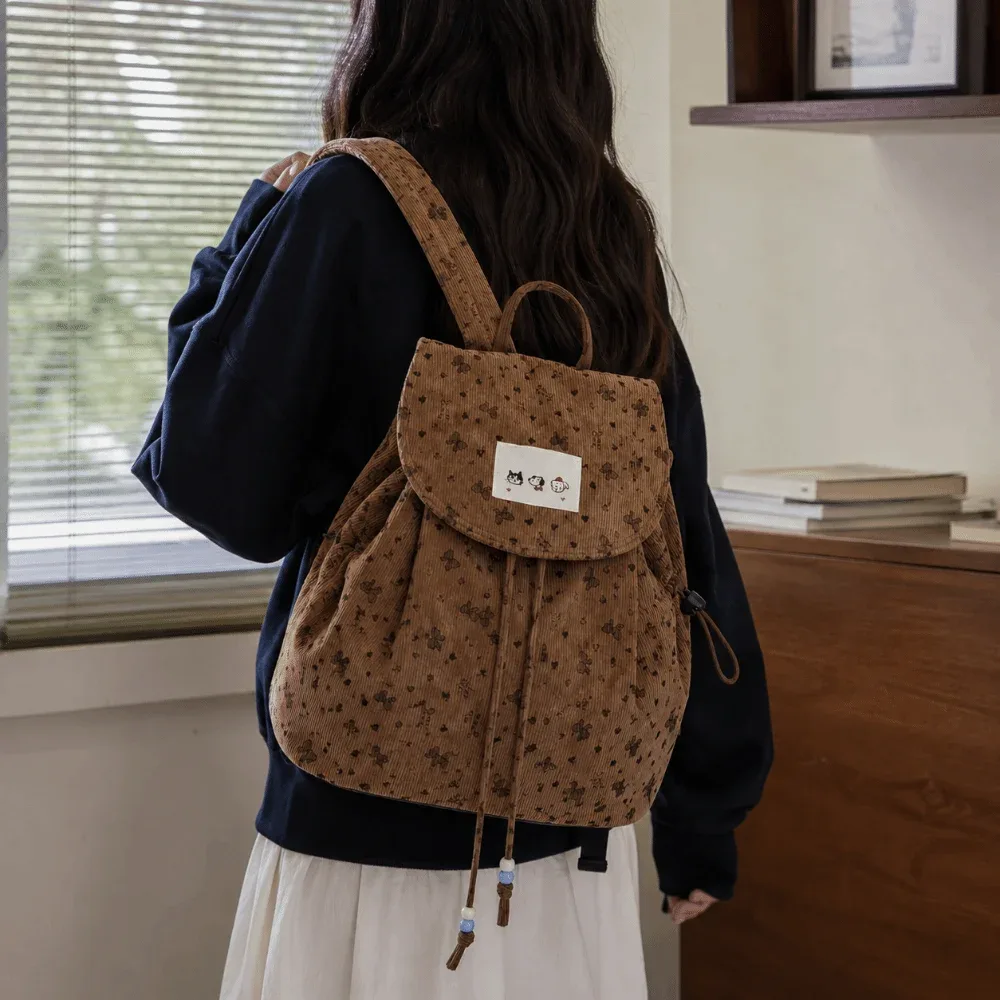 sac à dos léger en velours côtelé à imprimé nœud papillon, décontracté, grande capacité, avec cordon de serrage, polyvalent, design simple, pour étudiant