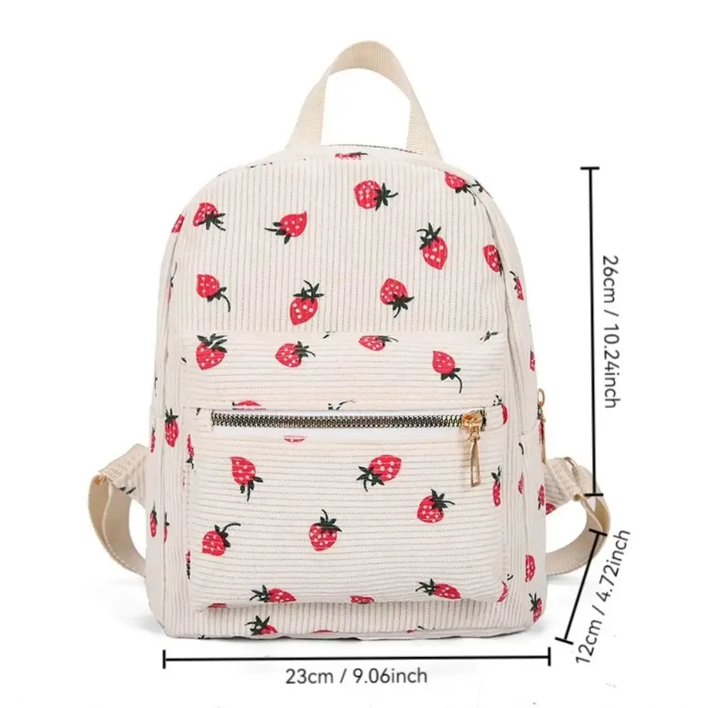 sac à dos fraise en velours côtelé, multi-poches, sangle réglable, sac à dos de voyage, grande capacité, motif fraise, sac à dos quotidien