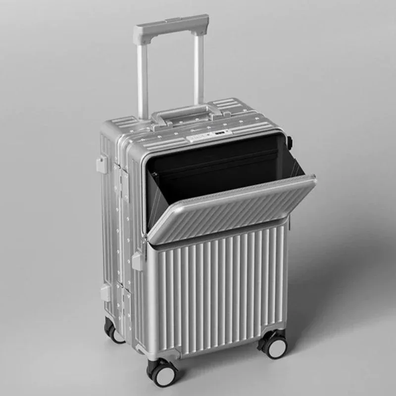 Valise à ouverture frontale en matériau PC avec cadre en aluminium, serrure TSA, porte-gobelet, port de charge, bagage à roulettes de voyage 20/24/28/30 pouces