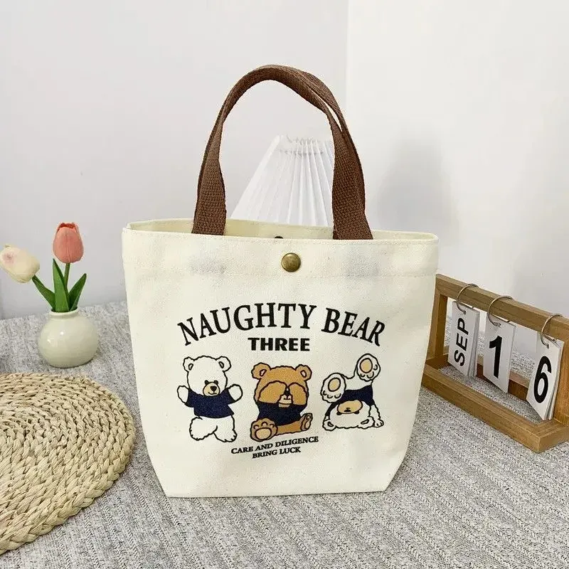 sac fourre-tout mini en toile motif ours mignon, sac à déjeuner esthétique kawaii pour femmes et filles, sac à main scolaire réutilisable pour étudiantes, cadeau