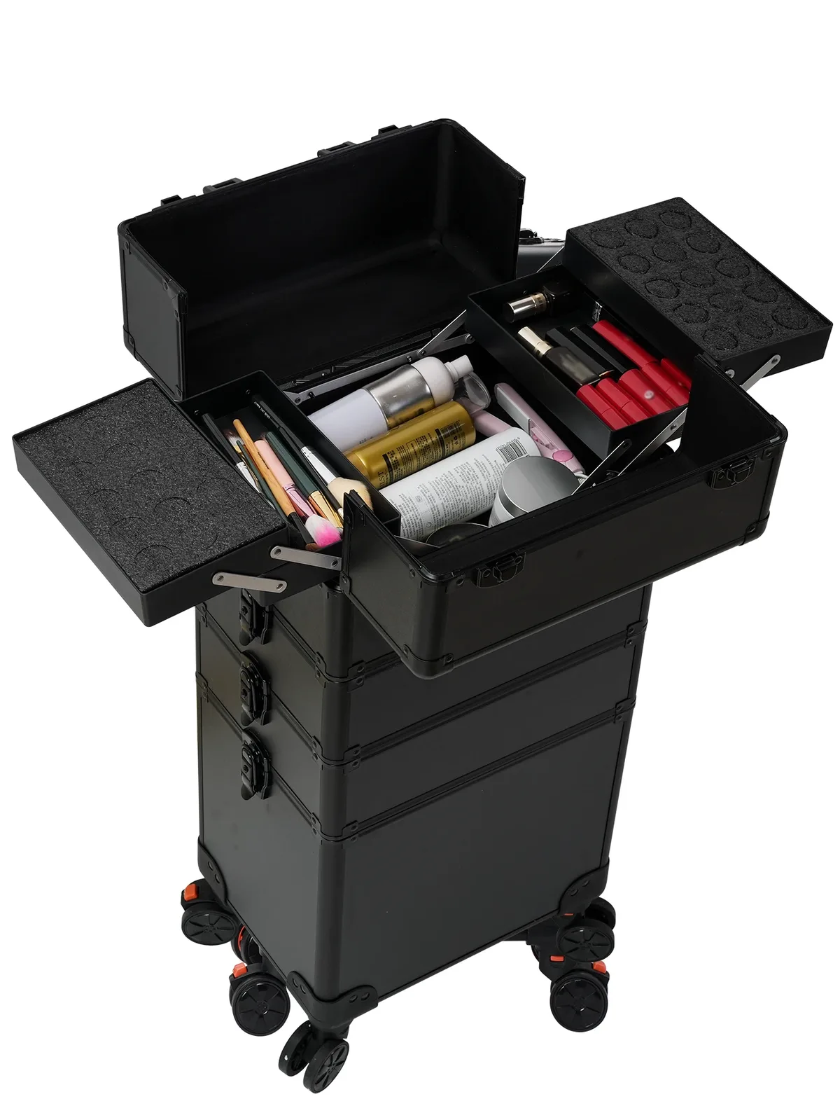 trousse de maquillage professionnelle 4 en 1, étui à cosmétiques roulant en aluminium sur roulettes, organisateur de maquillage d'artiste, rangement avec plateaux
