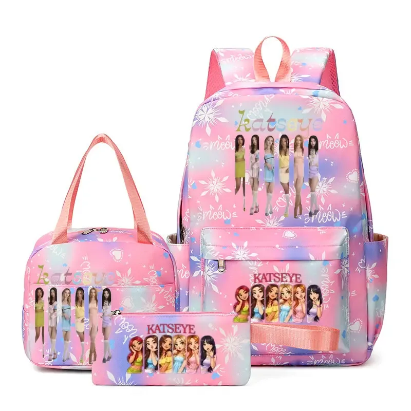 sacs à dos katseye à imprimé amusant, ensemble de 3 pièces, sacs d'école en nylon pour ordinateur portable pour femmes, pour adolescentes, garçons, étudiants, enfants, kawaii