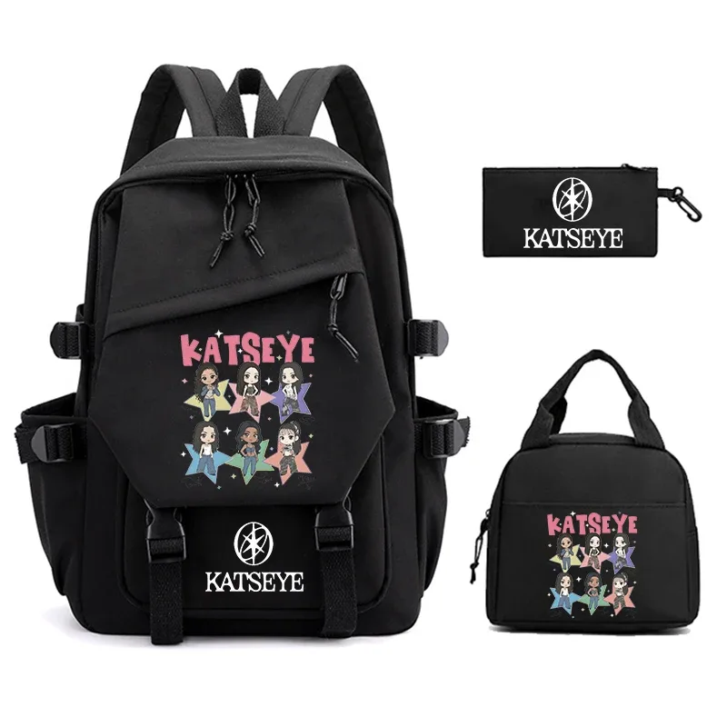 sac à dos imprimé katseye pour femmes, 3 pièces/ensemble, sac à déjeuner pour étudiants, trousse à crayons, sac d'école léger, sac à dos d'extérieur pour ordinateur portable