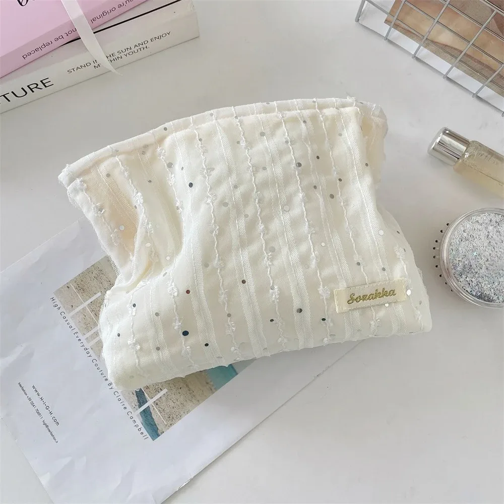 sac à cosmétiques à paillettes rayées en dentelle, trousse de toilette de voyage portable, organisateur de cosmétiques de lavage, sac de rangement de maquillage