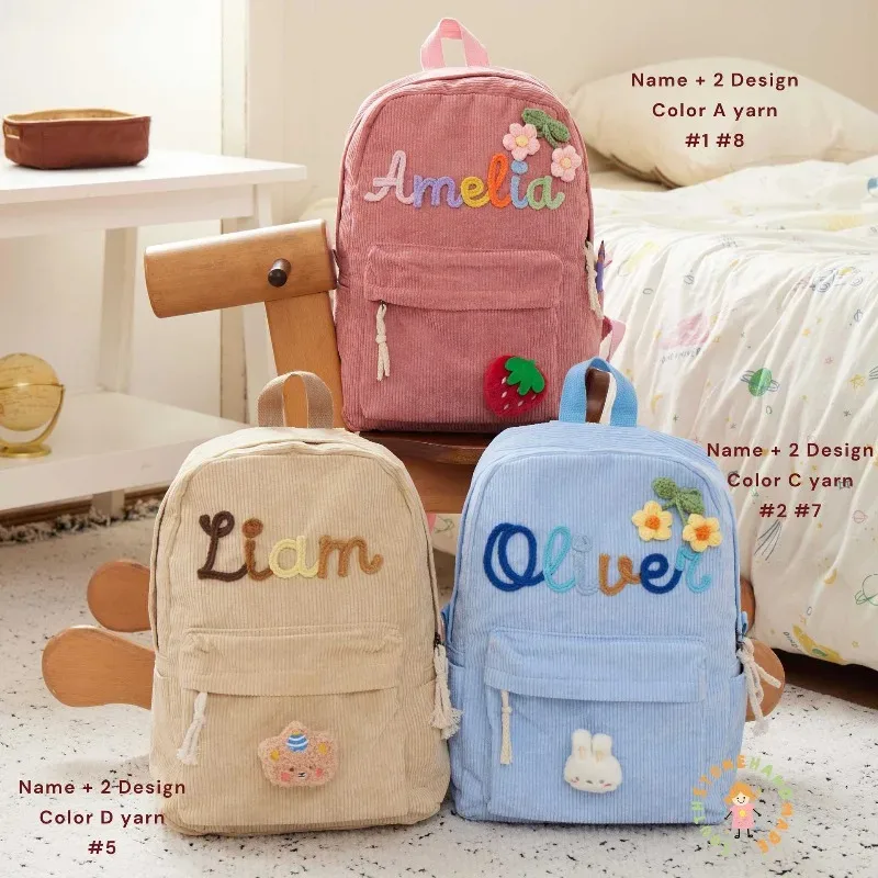 1 pièces sac à dos personnalisé grande capacité cartable en velours côtelé fait à la main nom Unique personnalisé multicolore corde fil couleur décoration