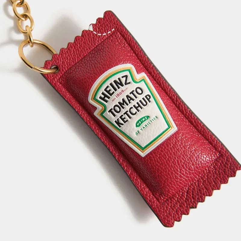 breloque de sac vintage en forme de sachet de ketchup tomate, pendentif alimentaire rétro en similicuir, porte-clés amusant pour sac à main, sac à dos, accessoire de sac.