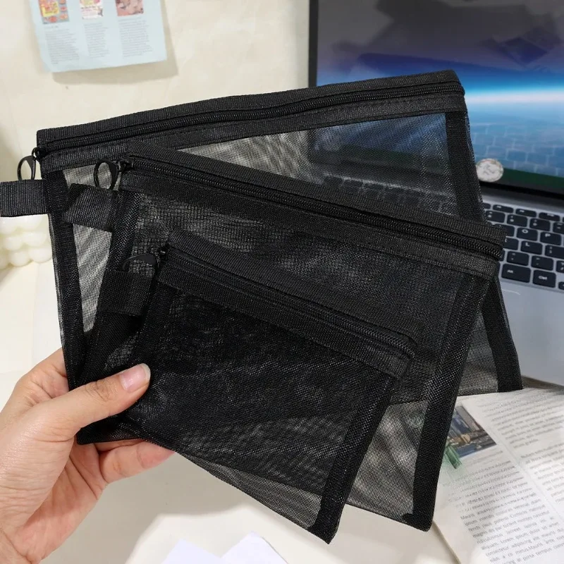 lot de 3 trousses de toilette transparentes en maille, légères et portables, pour maquillage et rangement, noires