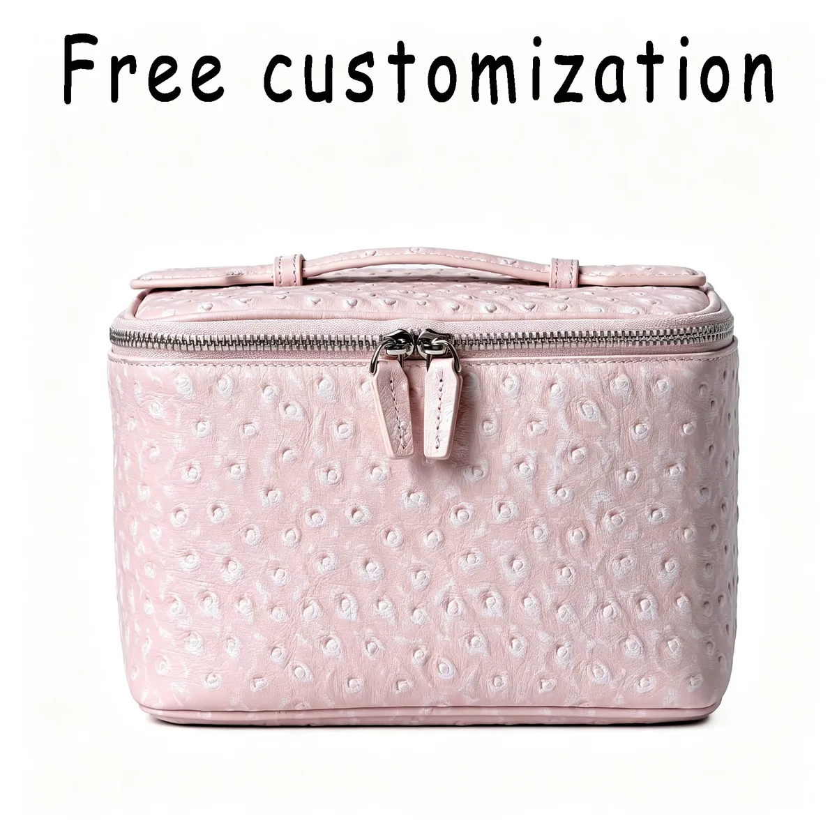 nouvelle trousse de maquillage de voyage portable en cuir véritable motif autruche rose flocon de neige, grande capacité, en cuir de vachette, luxe