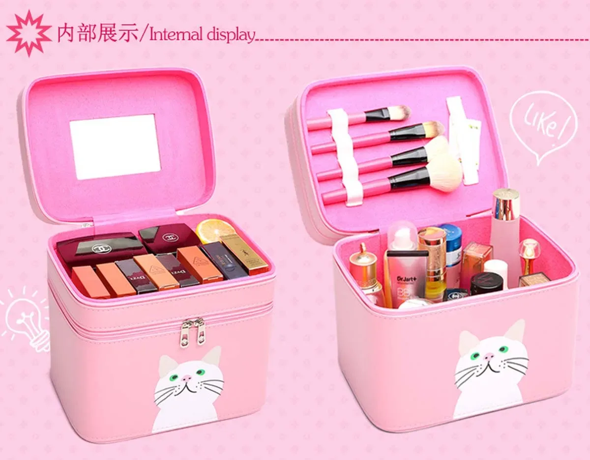 trousse de maquillage en pu pour chaton, sac de voyage portable, double boîte de rangement mignonne, couleur bonbon, vente en gros, nouveau