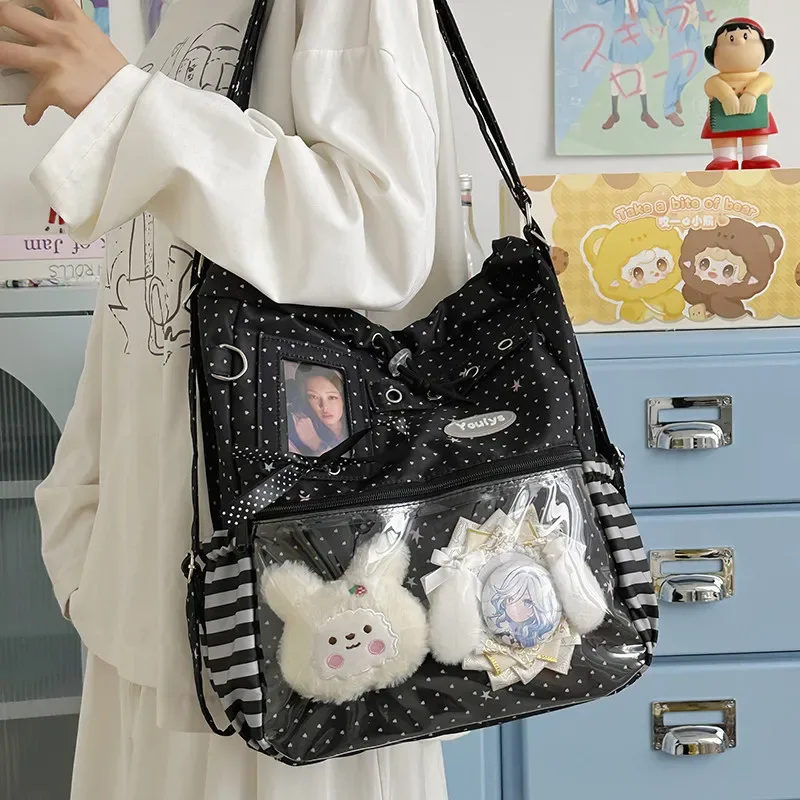 sac à dos ita mignon à pois avec cordon de serrage et poche transparente pour pince, sac multifonctionnel pour l'école, les trajets et les sorties
