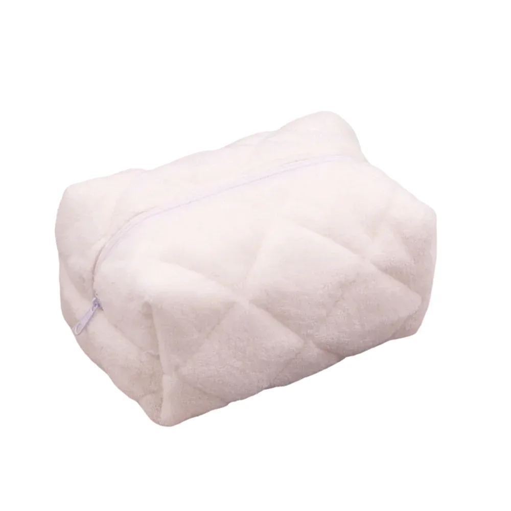 sac à cosmétiques de grande capacité, sac de maquillage design portable en peluche, sac de rangement de style kawaii de couleur pure, rangement de maquillage