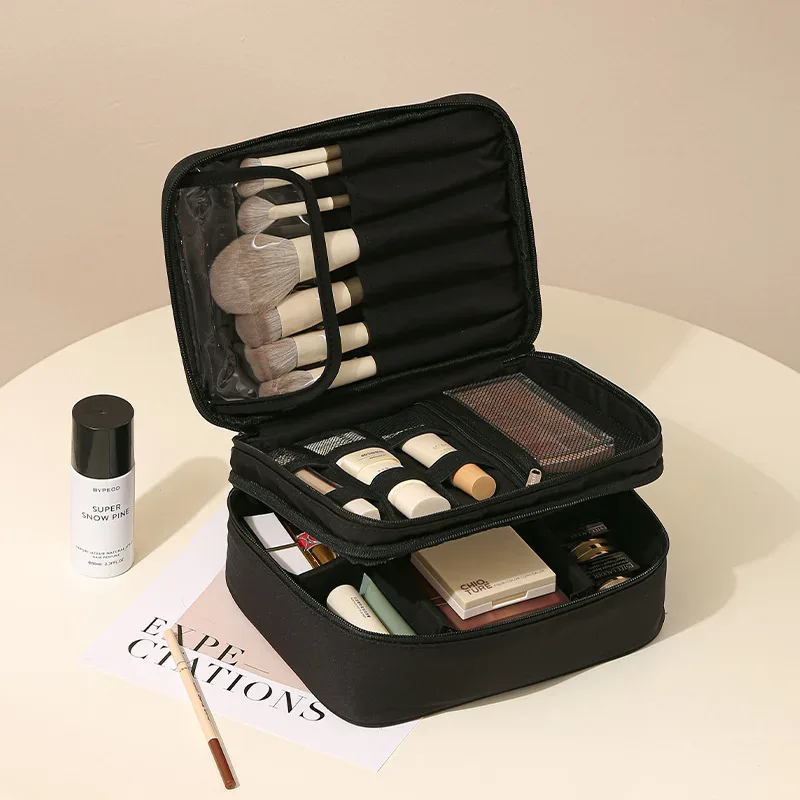 trousse de toilette grande capacité à double compartiment avec séparateurs ; sac de voyage portable en tissu oxford