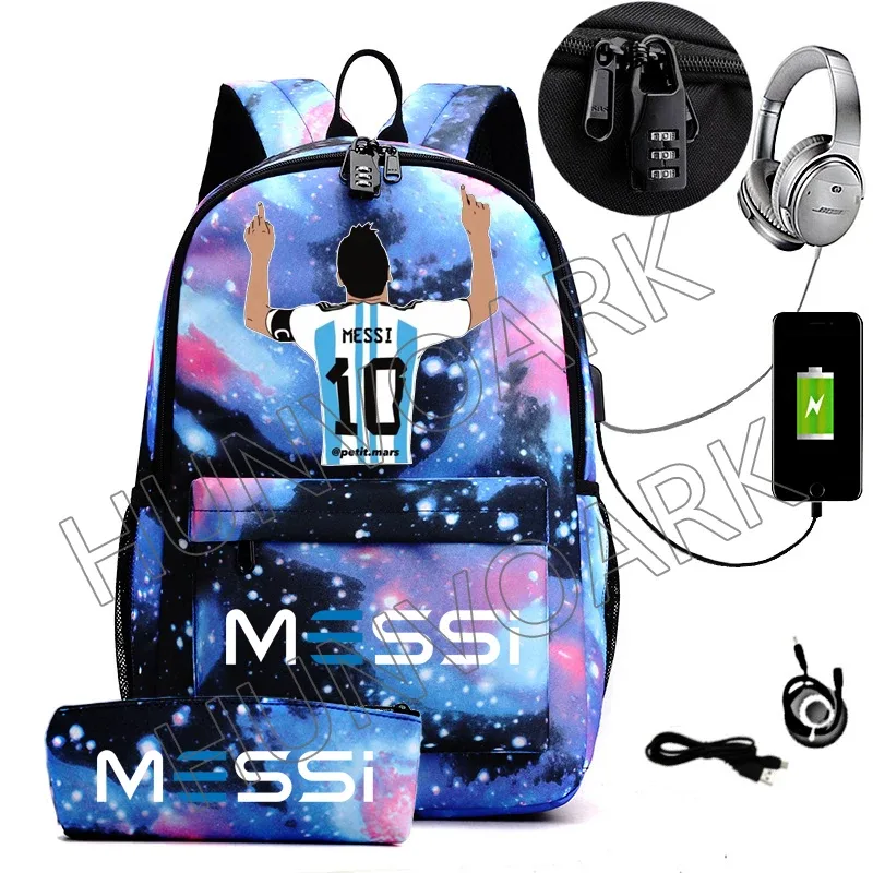 2 pièces messi sac à dos an-ti lock usb femmes hommes capacité adolescents sacs d'école pour ordinateur portable décontracté lycéens mochilas