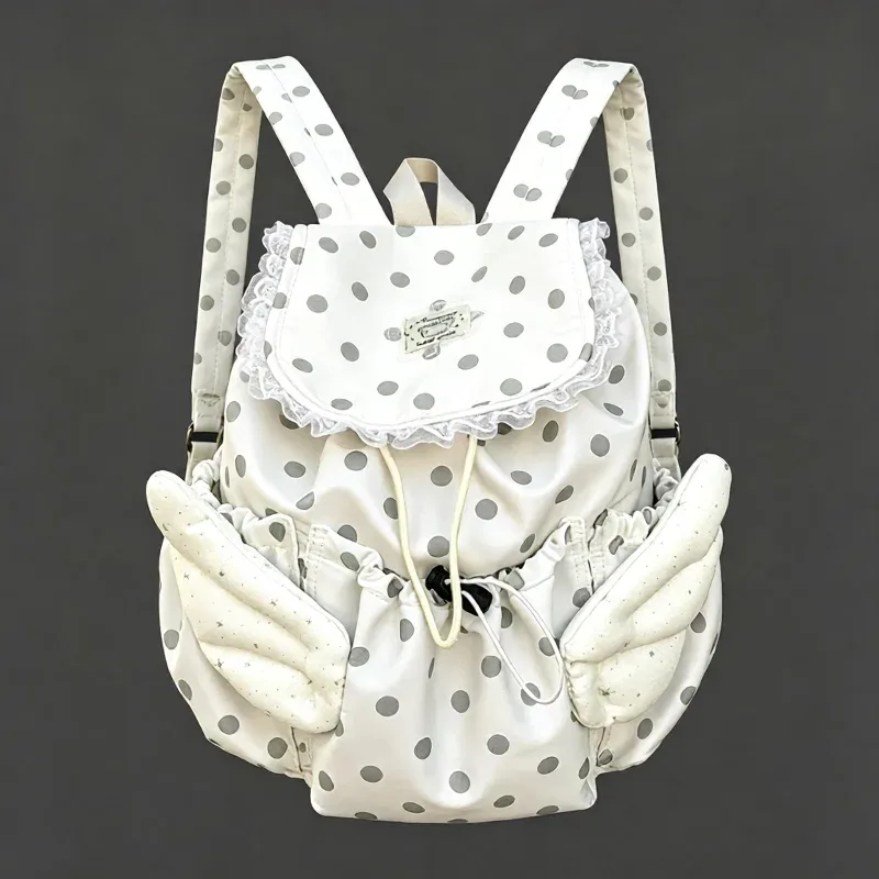 Sac à dos à pois tendance grande capacité avec cordon de serrage, sac d'école pour étudiants, design ailes d'ange, sac à dos décontracté pour femme, idéal pour les voyages et le quotidien