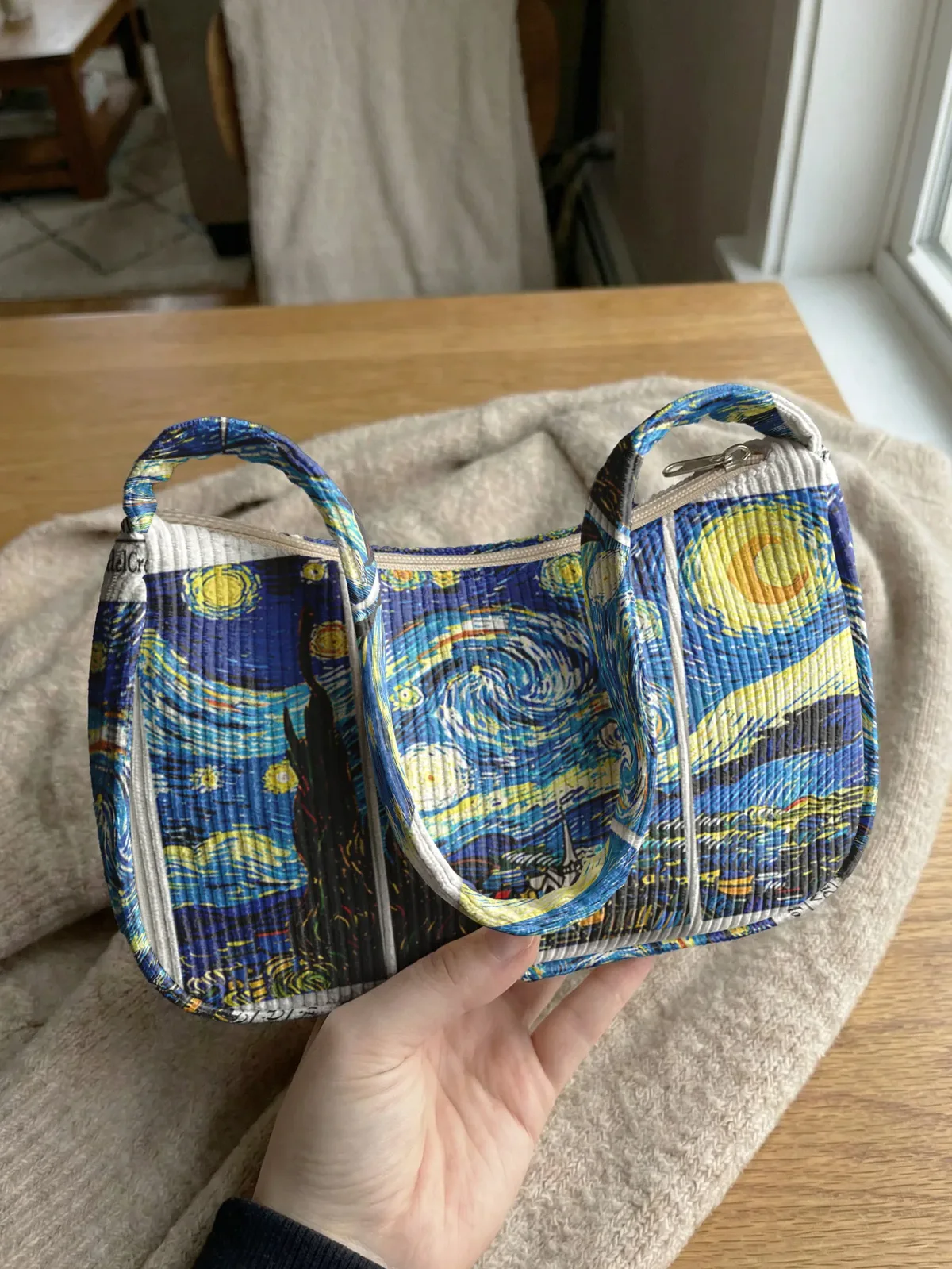 sac à bandoulière tendance avec imprimé the starry night, sac sous le bras en velours côtelé pour un usage quotidien décontracté