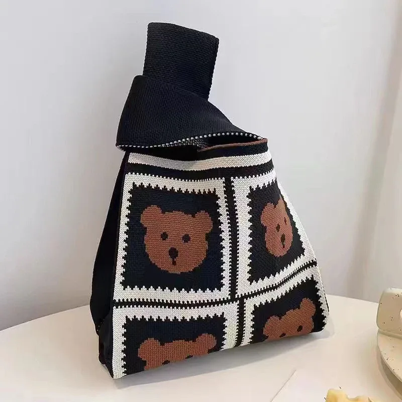 sac à main en tricot fait à la main pour femme, mini sac de poignet à nœud, sac fourre-tout à carreaux à large rayure, sacs à provisions réutilisables pour étudiants, document décontracté japonais