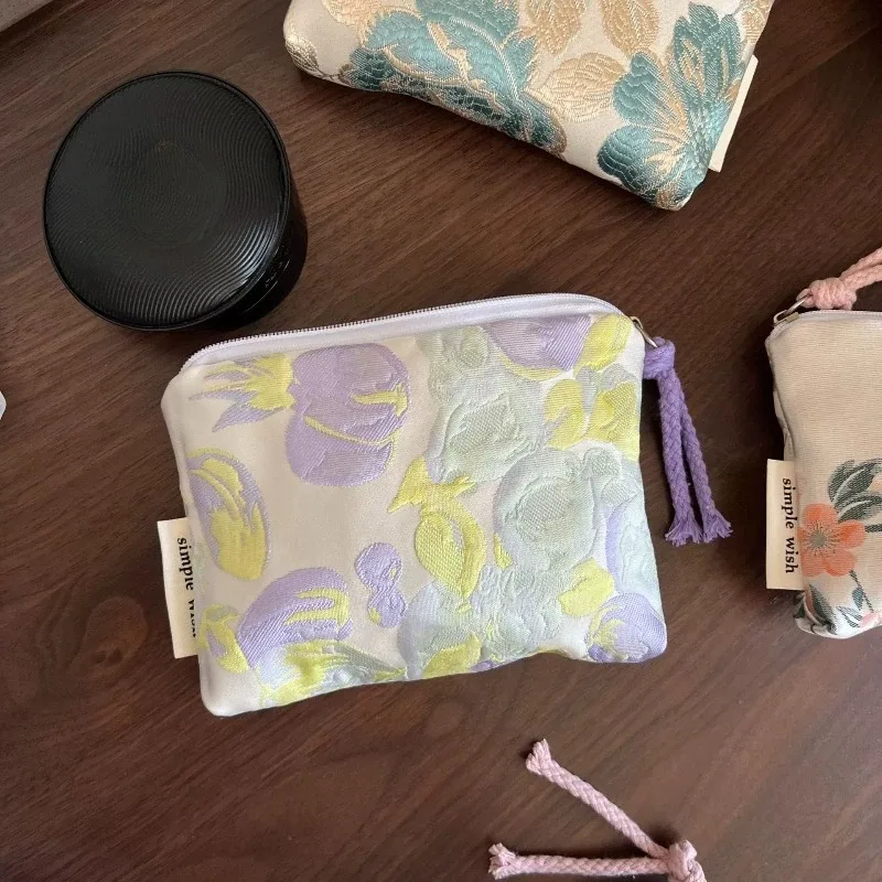 mini trousse de maquillage en satin jacquard style chinois, nouvelle collection été, texture lisse, pour cartes, rouge à lèvres, écouteurs, pour femmes