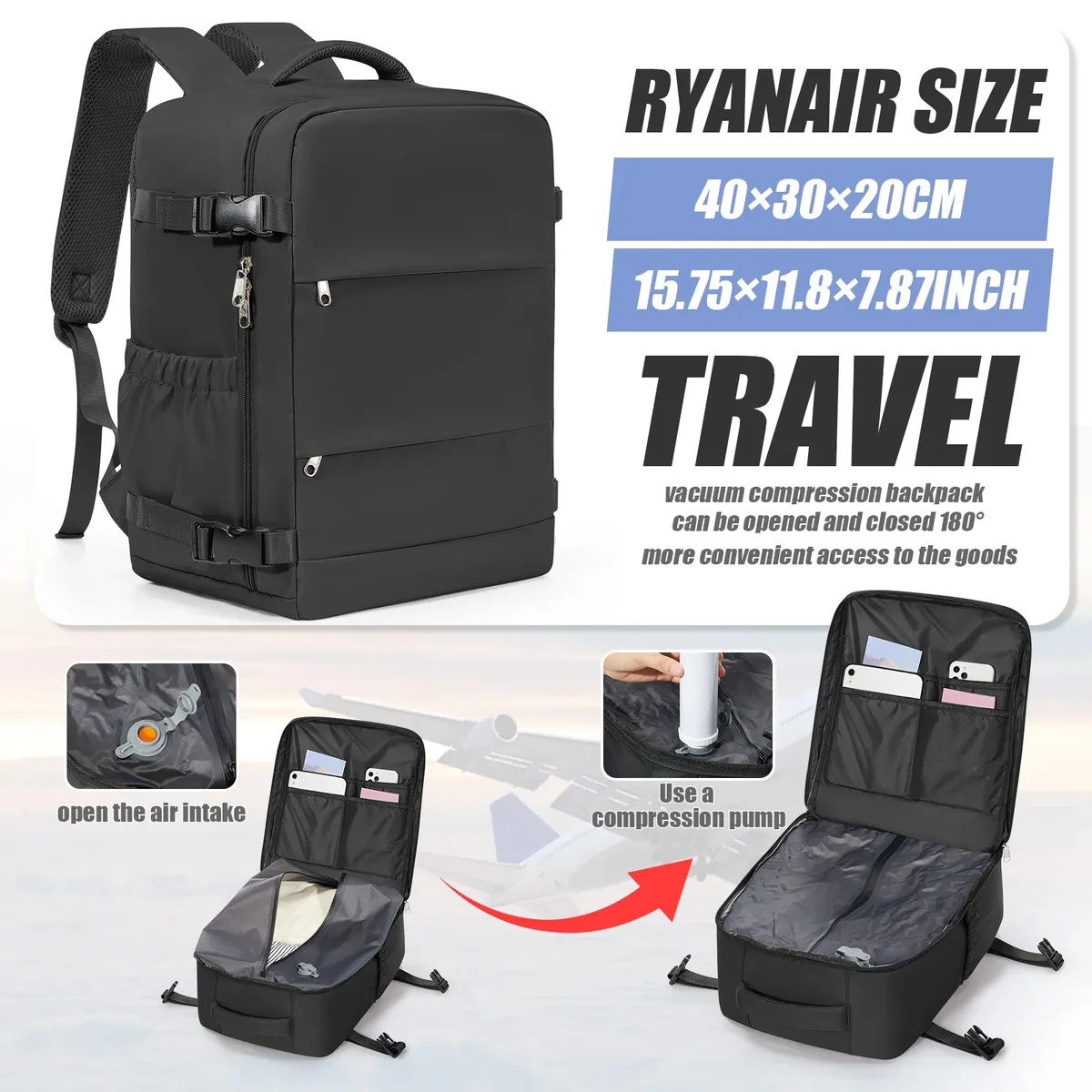 sac à dos sous vide ryanair 40x30x20, sac à dos de voyage pour courtes distances, sac de cabine wizair pour ordinateur portable 15.6 pouces, sac à dos de loisirs pour hommes