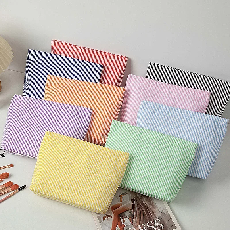 Trousse de Maquillage en Gaze Bulle pour Femme, Sac à Main Grande Capacité, Trousse de Toilette Brodé à Rayures, Pochette de Voyage Organisateur