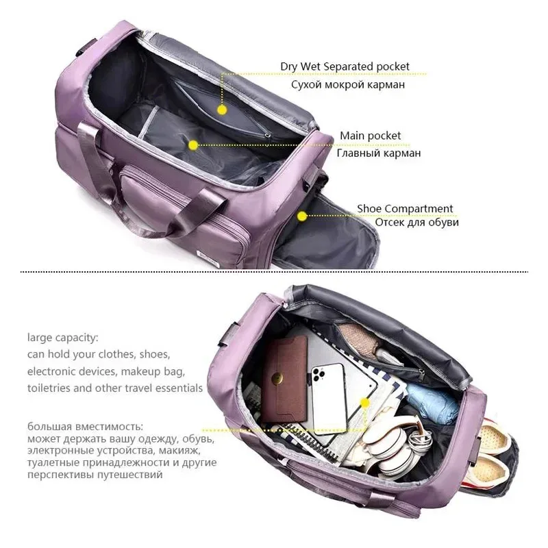 sac de voyage de grande capacité pour week-end, sacs de sport avec compartiment à chaussures, sacs de sport et de fitness pour femmes, sac à bandoulière