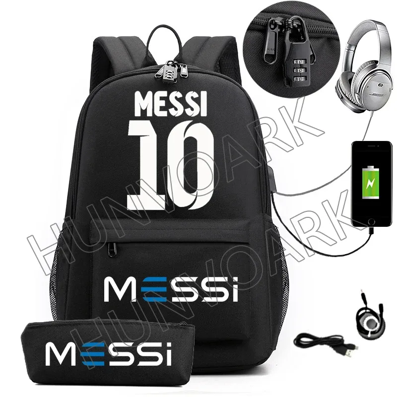 2 pièces messi sac à dos an-ti lock usb femmes hommes capacité adolescents sacs d'école pour ordinateur portable décontracté lycéens mochilas