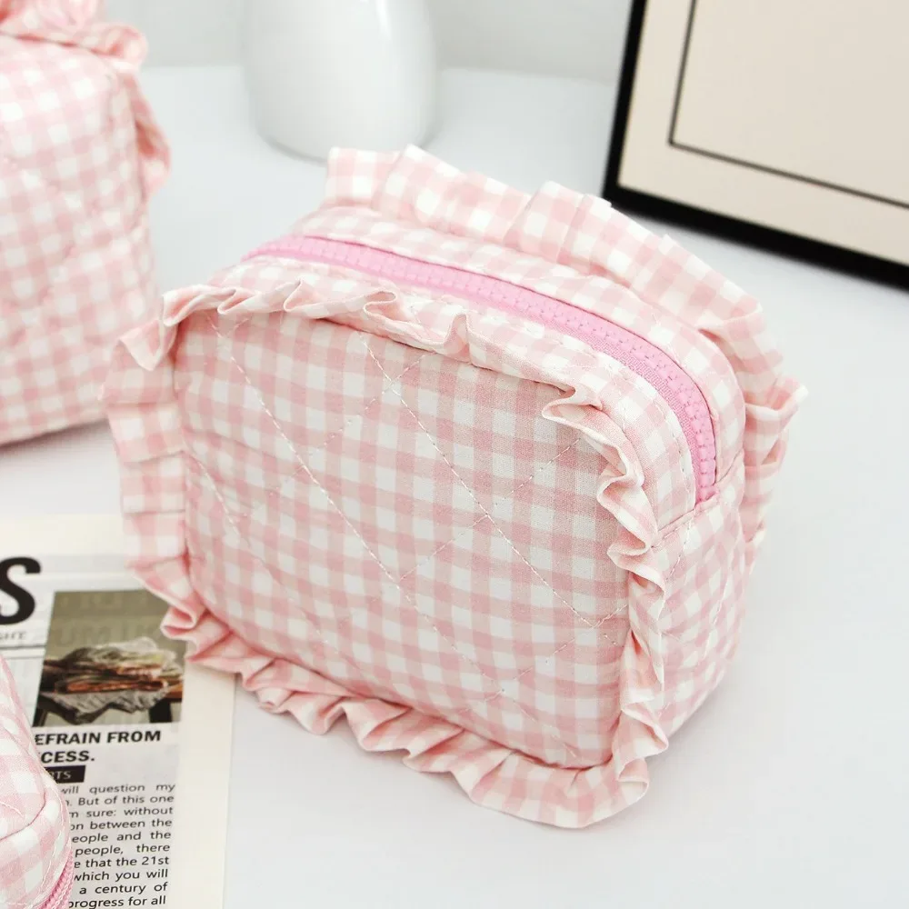 trousse de maquillage portable, design matelassé, motif à carreaux, sac de rangement pour pinceaux de maquillage, multifonctionnel avec fermeture éclair, trousse de toilette de voyage