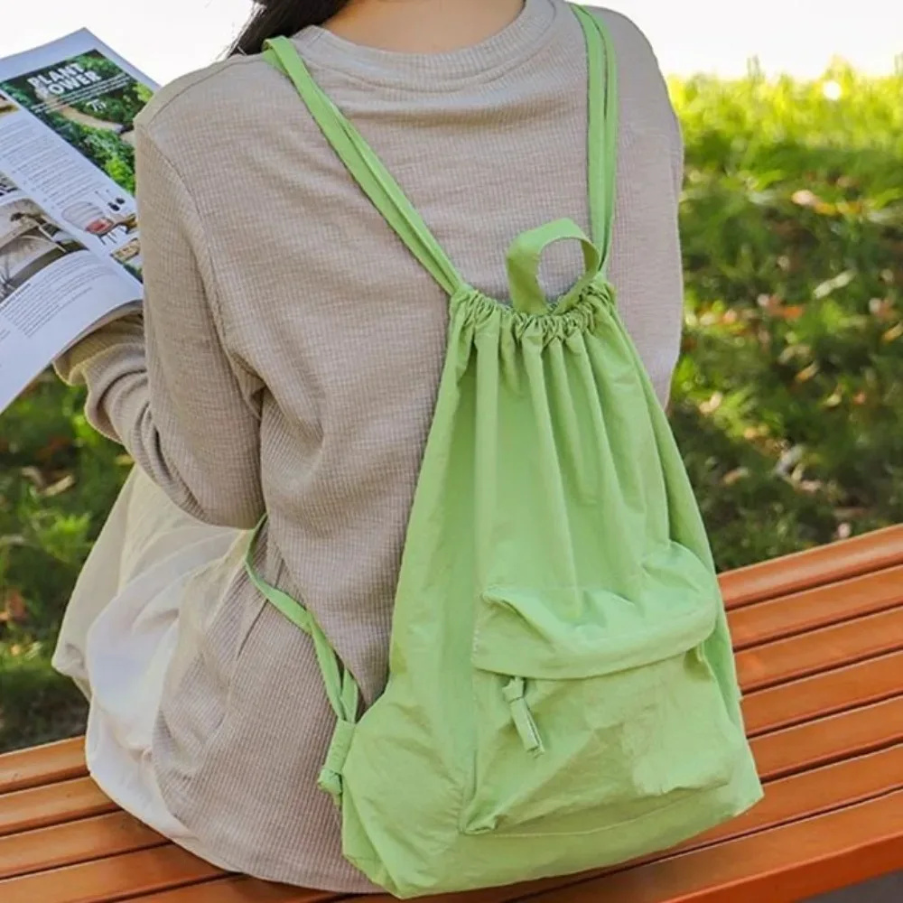 sac à dos portable en nylon avec cordon de serrage, grande capacité, couleur unie, sac à dos décontracté pour les épaules, petit sac de sport