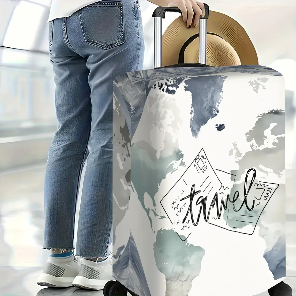 1 housse de bagage imprimée avec la carte du monde, pour bagages de 18 à 32 pouces ; accessoires de voyage anti-poussière et élastiques pour une protection efficace