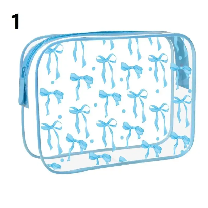 ● 1pcs pochette en nylon pvc imperméable à imprimé nœud mignon, sac à maquillage transparent, pochette zippée pour articles de toilette, sacs cosmétiques