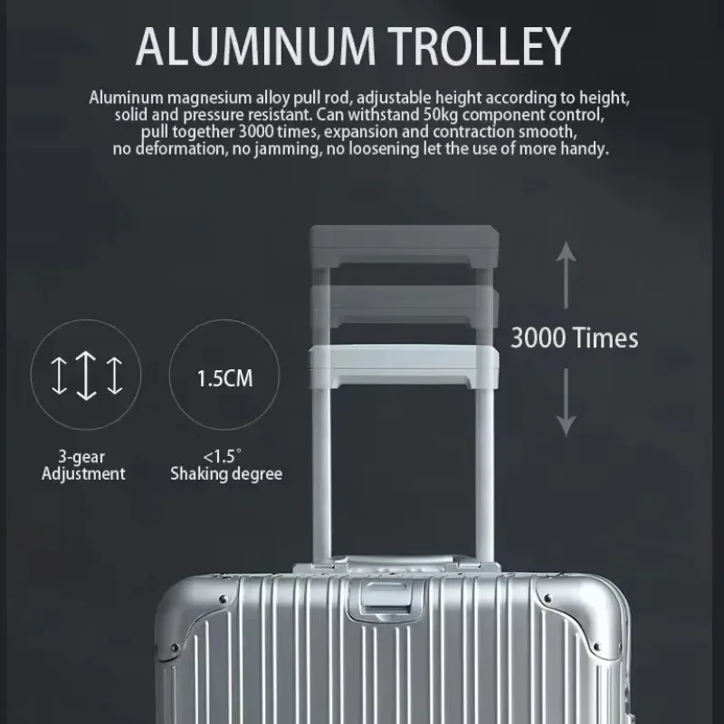 valise de voyage en aluminium 20/22/24/26/28/30'' de haute qualité avec serrure tsa, bagage à roulettes, valise cabine en métal