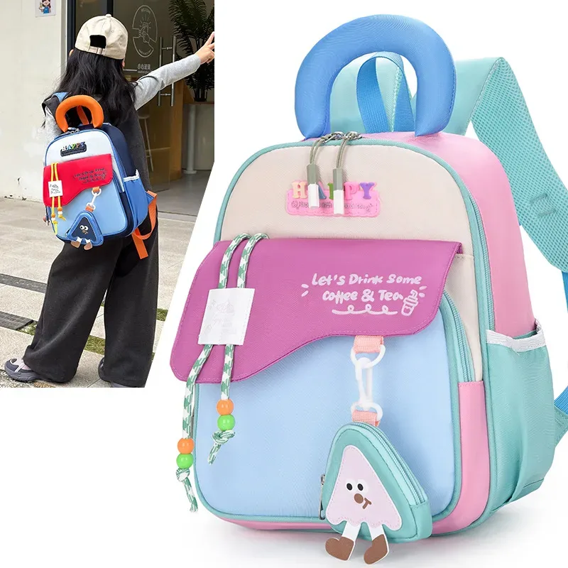 sac à dos enfant color block mignon, en nylon, motif dessin animé, unisexe, pour la maternelle, les voyages et l'école, grande capacité