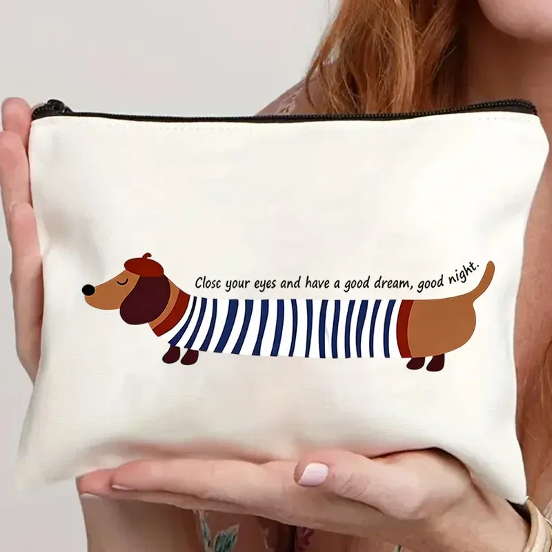 pochette zippée en toile avec citation « bonne nuit » et motif teckel rayé, sac à cosmétiques mignon avec imprimé chien de dessin animé pour les amoureux des chiens, trousse de toilette de voyage