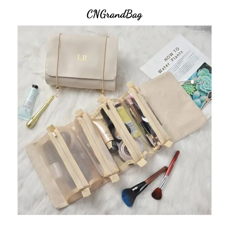 sac à cosmétiques en cuir pu avec lettres personnalisées, sac de rangement pour pinceaux de maquillage de voyage, sac de lavage quatre en un détachable, pratique à la mode