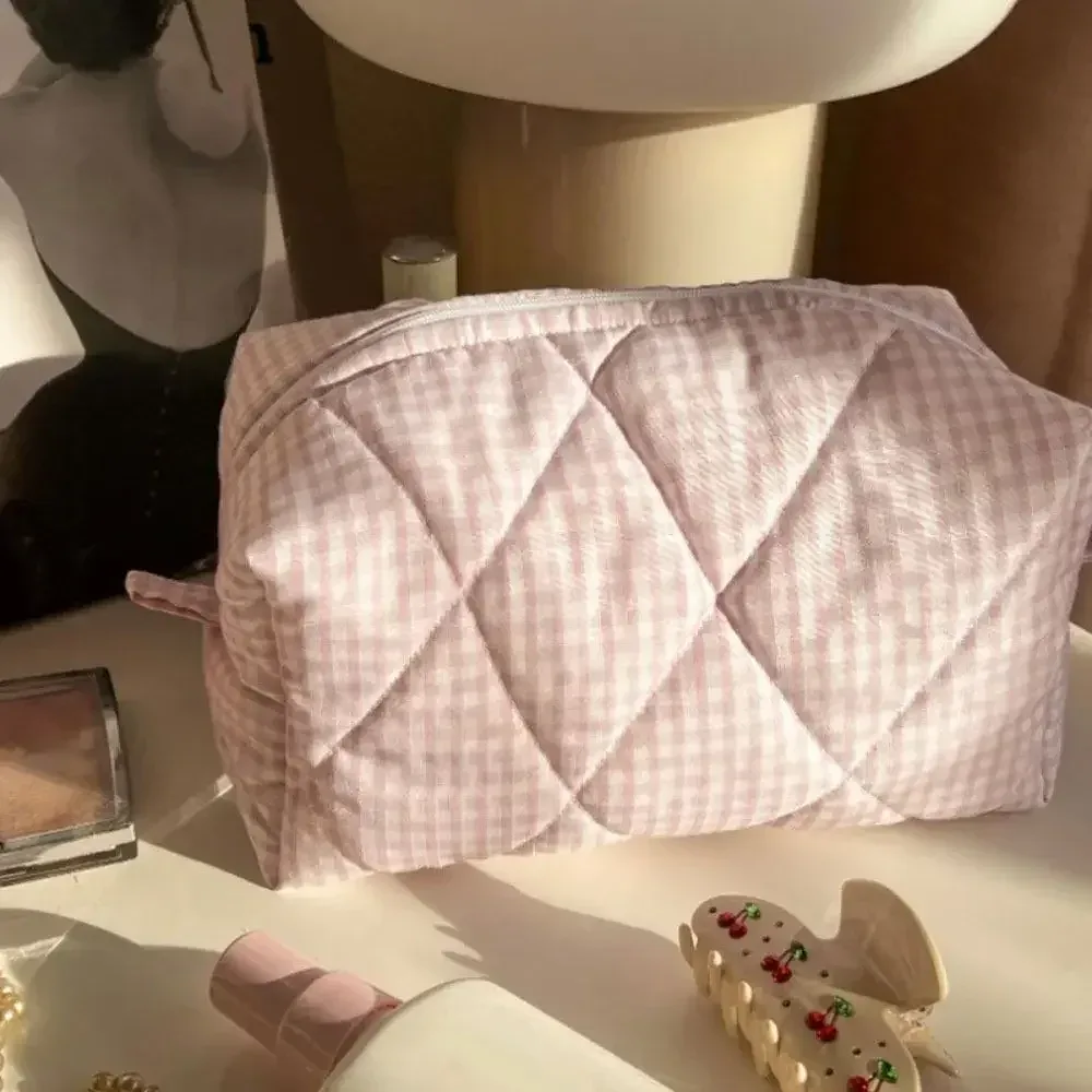 trousse de maquillage en coton matelassé, trousse de toilette portable à carreaux avec fermeture éclair, grande capacité, poudres de soin de la peau, voyage