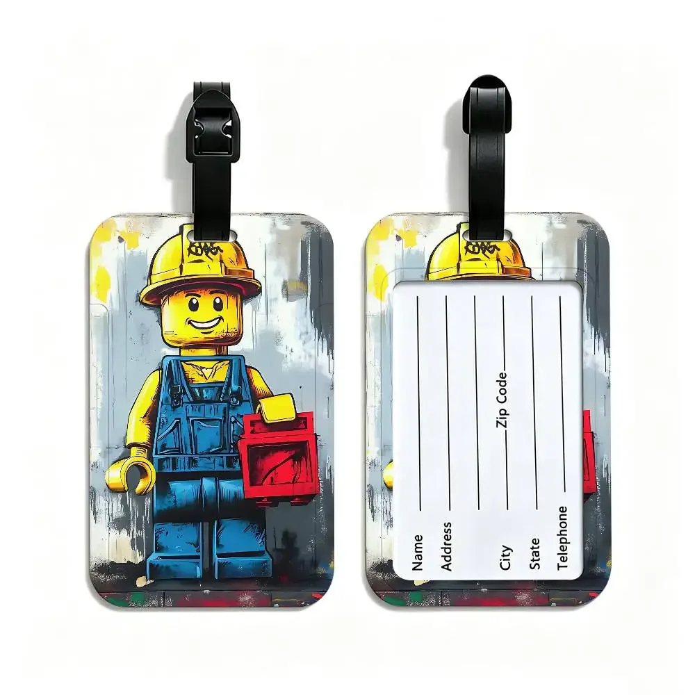 étiquette de valise en pvc anti-perte l-legos avec carte d'information, motif de dessins animés représentant diverses professions, identifiant de bagages léger pour les voyages quotidiens.